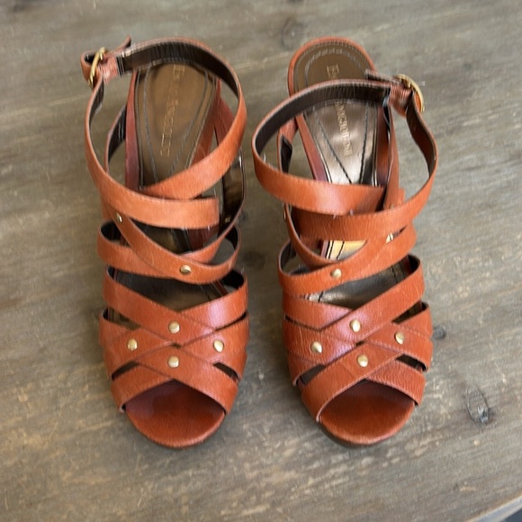 Enzo Angiolini Tan Leather High Heel Sandals with Gold Stud Details - Picture 3 of 15